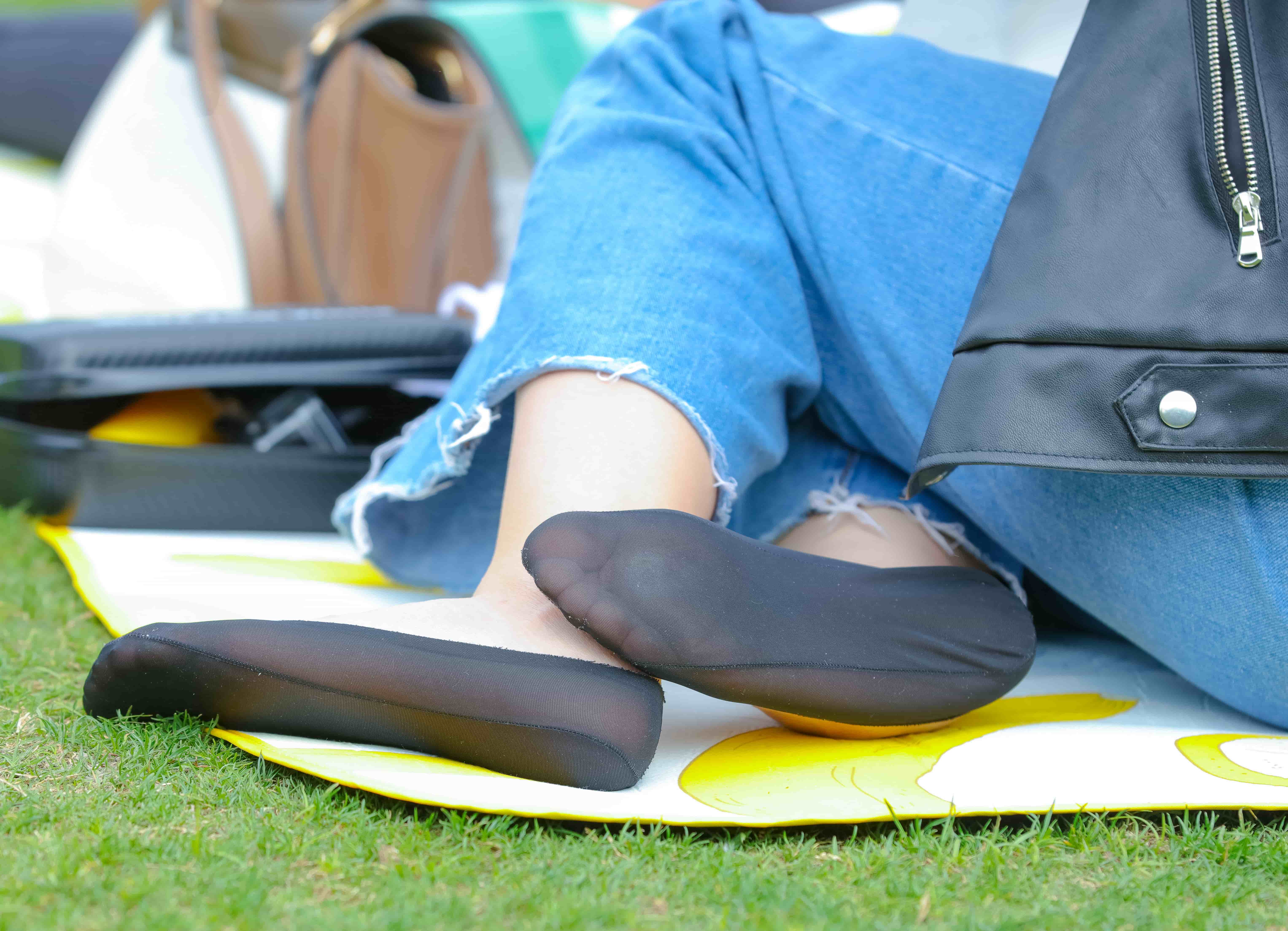 close-up of damp stockinged toes